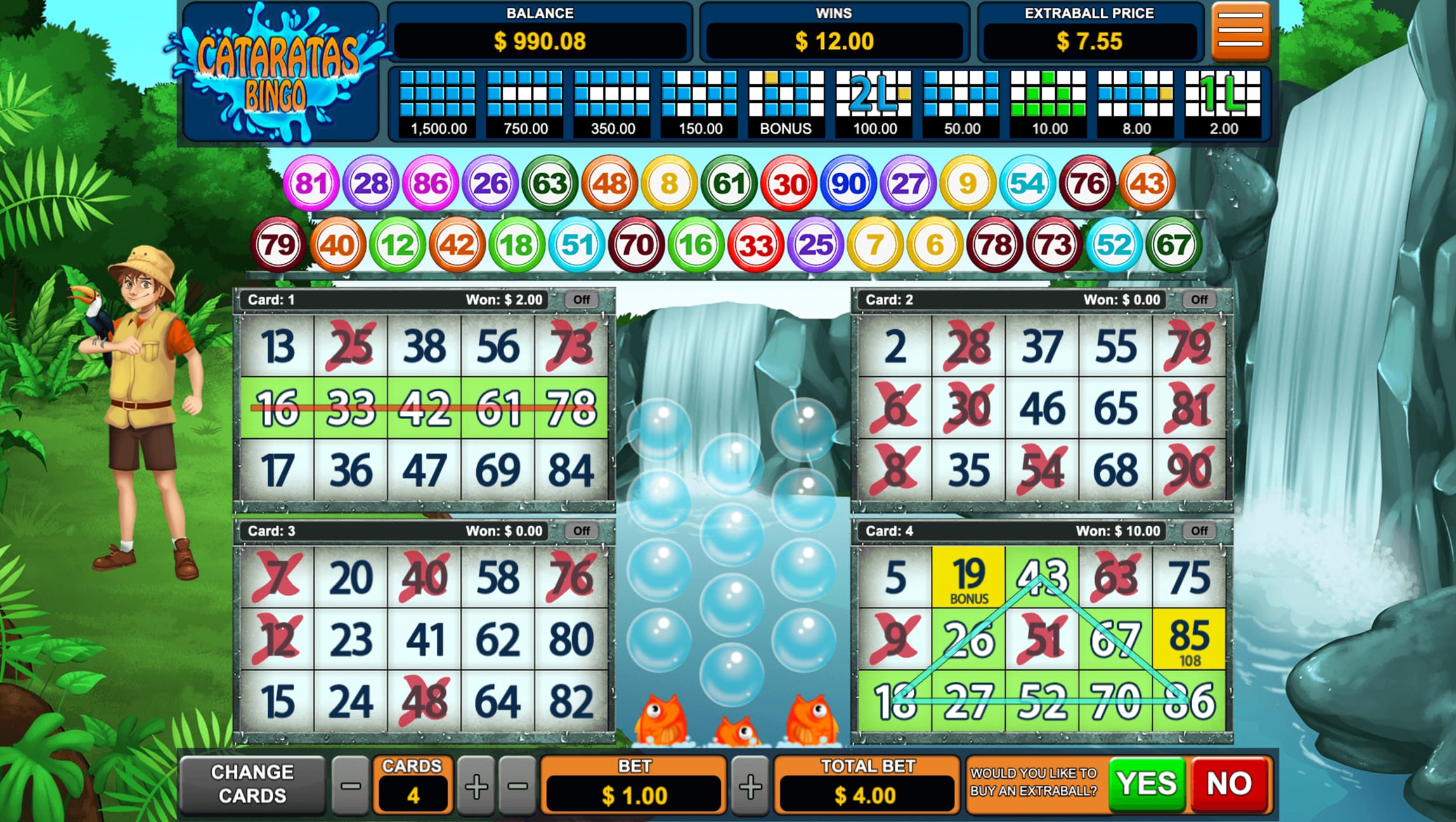 Cataratas Bingo game screen